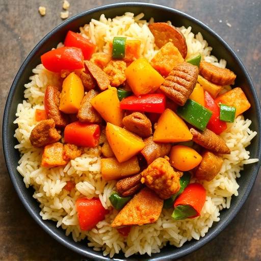 A colorful bowl of hearty vegetable curry with rice