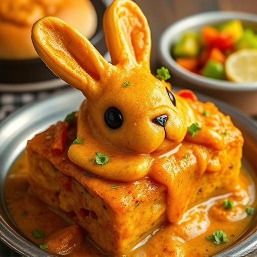 A golden-brown Bunny Chow overflowing with delicious Durban curry, presented in a hollowed-out loaf of bread.