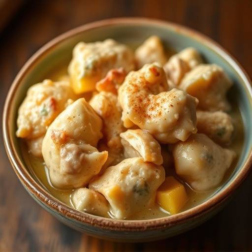 A golden brown Chicken and Dumplings dish served in a bowl