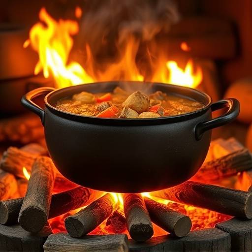 A large pot of hearty Potjiekos simmering over an open fire