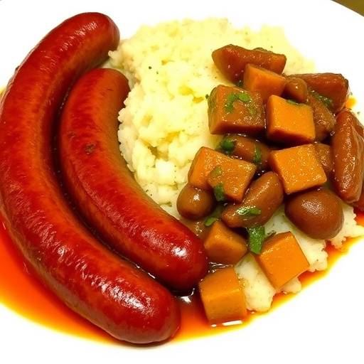 A plate of boerewors served with pap and chakalaka.