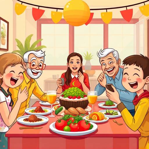 A vibrant family enjoying a Bobotie dinner around a table