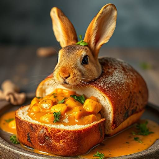 Bunny Chow presented in a hollowed-out loaf of bread, overflowing with curry.