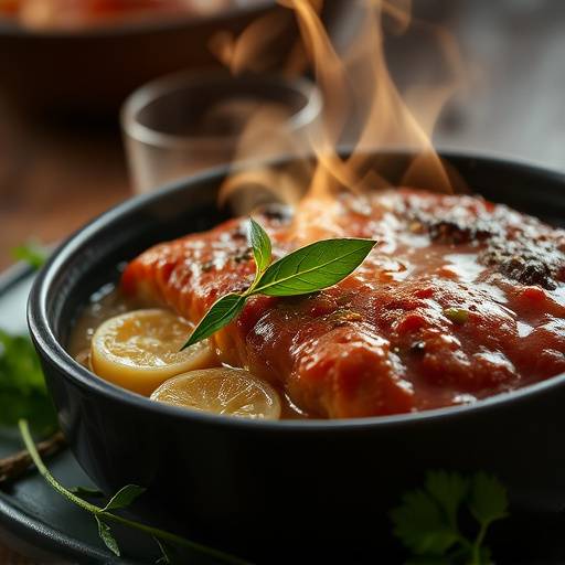 Close-up of a steaming Bobotie dish garnished with bay leaves.