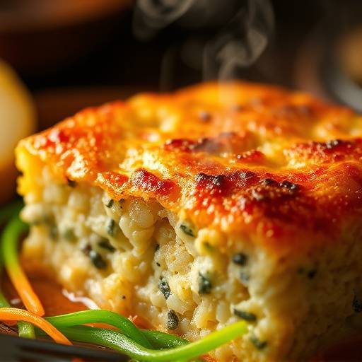 Close-up shot of a steaming pot of Bobotie, showcasing its golden crust and flavorful ingredients.