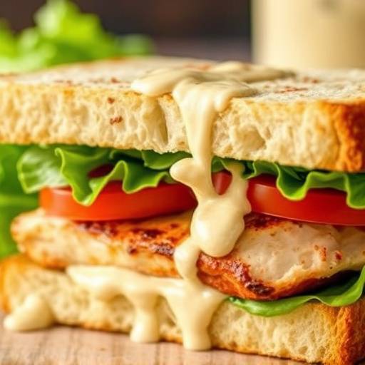 Image of a perfectly plated Chicken Mayo Sandwich, layered with chicken, mayonnaise, lettuce and tomato, on toasted bread