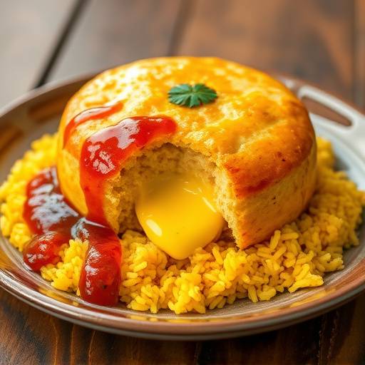 Image showcasing Bobotie Mince topped with savoury egg custard, served with yellow rice and chutney