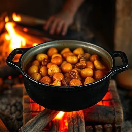 Potjiekos simmering in a three-legged cast iron pot over an open fire.